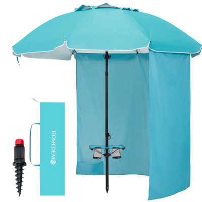  8FT Beach Umbrella with Privacy Curtain & Weight Bag, UPF 50+ Protection, Large Anchor, Table & Carry Bag, Navy Blue Stripe