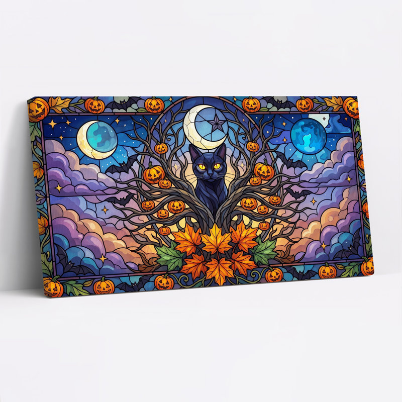 Art mural sur toile, "Chat noir dans un arbre en verre coloré avec citrouilles", L 46 po x H 24 po