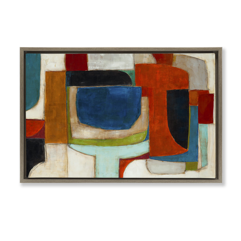  Toile flottante géométrique cubiste avec abstraction par Kippi Leonard, H 21 po x l 31 po, Cadre flottant orme Montalcino