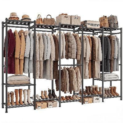 Portant-vêtements en métal avec barre de suspension réglable, tablettes et rangement inférieur, 74,8 po x l 90,6 po, noir