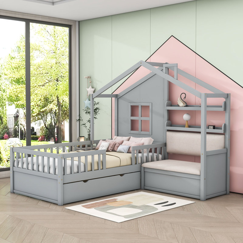 Abin Twin Size Wood House Bed with Two Drawers,Seat and Shelf, Gray