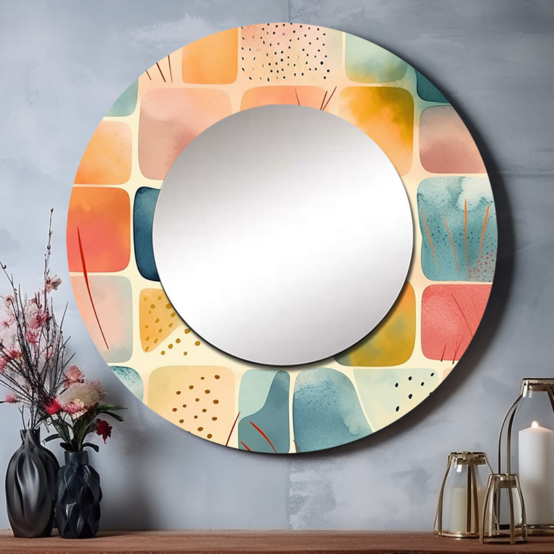 Rahoz Orange Fun Pattern Of Shapes III - Geometric Large Wall Mirror, Orange Round Decorative Mirror, Printed Metal Art