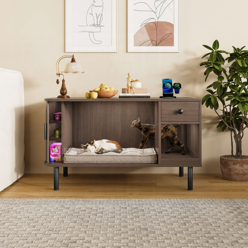 Enceinte de litière pour chat 37,4 "avec porte coulissante, boîte de litière cachée avec tiroir de rangement et station de charge