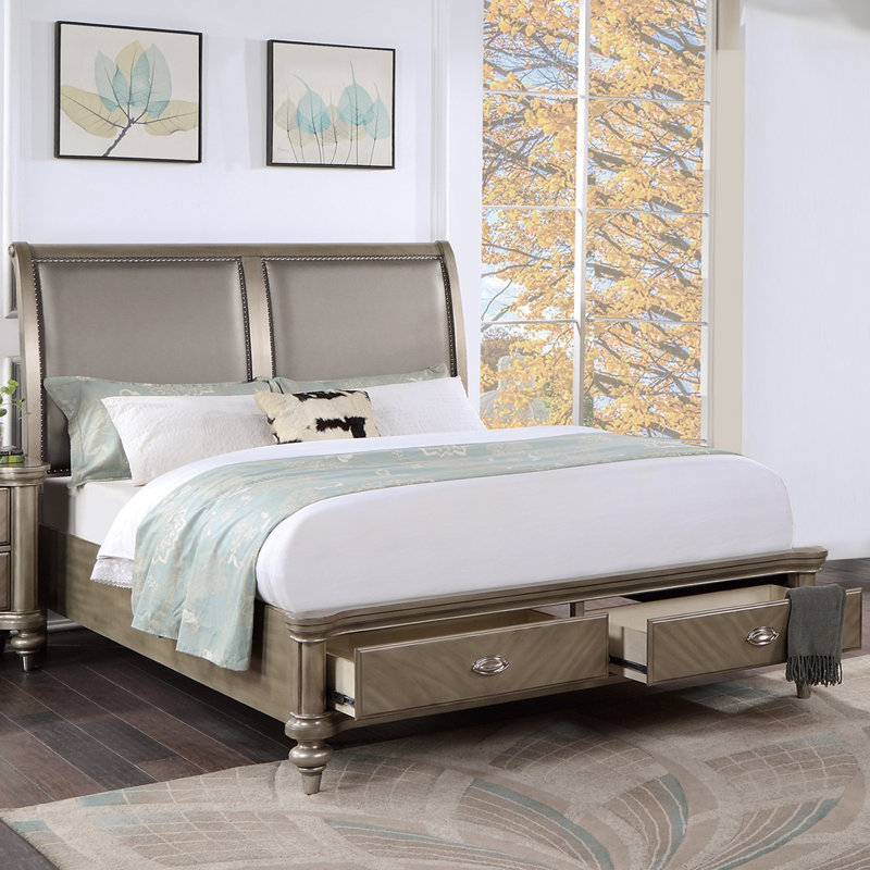 Wooden Bed With 2 Storage Drawers In Antique Silver, King