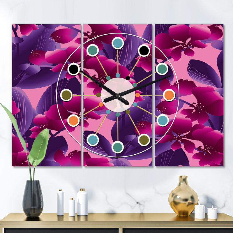 Horloge murale surdimensionnée orchidée de couleur fleur Mid-Century