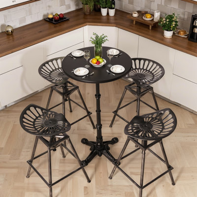 SET OF 5, Patio Balcony Front Porch Bar Set, Cocktail Bistro Bar Height Pub Table & Stools Set, 43.3" Tall Metal Round Standing Table And 4 Cast Iron by Williston Forge