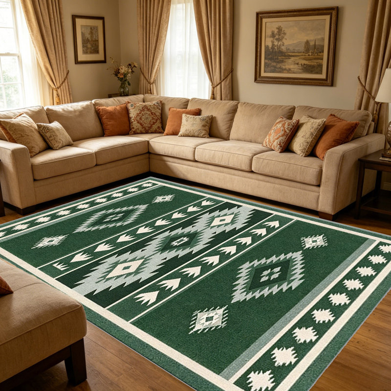 Dark Green Vertical Southwestern   area rugs for Living Room, Soft and Comfortable, Suitable for all seasons, easy to maintain, machine washable Indoor floor mat, Under Table Farmhouse suitable for Bedroom, Dining Room, Study,  Balcony, Home Decor Patio