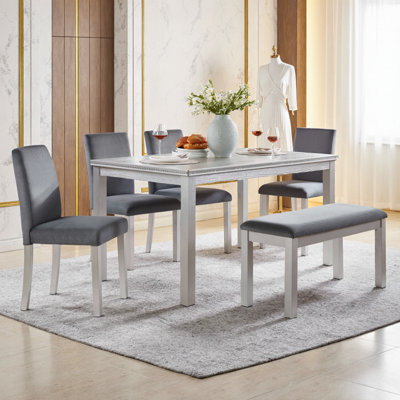 6-Piece Wooden Dining Set with Crystal Decoration – 58.5” Rectangular Table with 4 Upholstered Chairs & Bench for 6 – White Farmhouse Dinette for Kitchen, Dining Room – Acrylic Gemstone Accents, Solid Wood Legs
