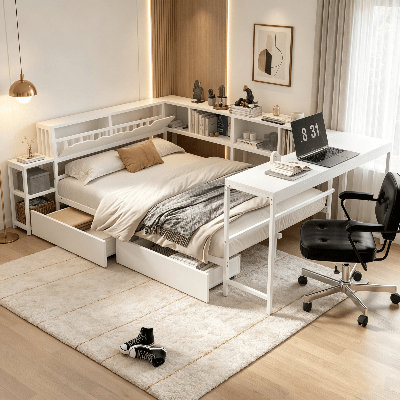 Cadre de lit d'angle, cadre de lit plateforme moderne en métal avec bibliothèque et 2 tiroirs de rangement sous le lit, lit moderne avec lumière DEL et station de charge, lit plateforme pour dortoir