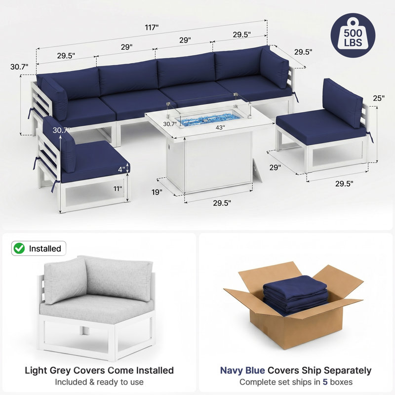 Tuyen 7-Piece 6-Person Outdoor Patio All-Aluminum Sectional Conversation Set with 60,000 BTU Fire Pit Table and 4" High-Resilience Foam Cushions