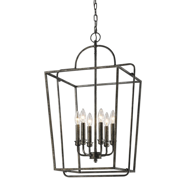 6 - Light Dimmable Lantern Geometric Chandelier, Antique Silver