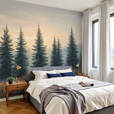 Peel and Stick Wallpaper 144" W x 100" H Modern Self Adhesive Wall Mural for Bedroom Pine Forest Landscape Tall Evergreen Trees Soft Misty Sky