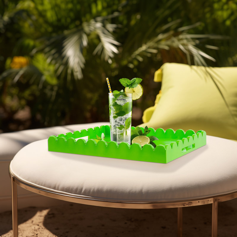 Hindley Hand-Crafted Rectangular Scalloped Wood Tray, Green