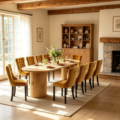 63"-94.5" Extendable Dining Table Set for 10 with Storage Base & 2 Legs, Oval Extendable Tabletop, Safe Corner, 6-10 Seats, Gold Velvet Upholstered Chairs, Modern Long Large Wooden 11 Pieces Kitchen Table Set for Dining Room