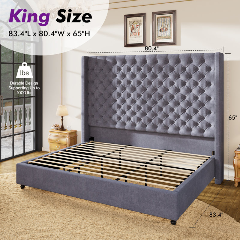 King Dark Gray Extra-Tall Deep Button-Tufted Wingback Upholstered Platform Bed, Dark Gray, King