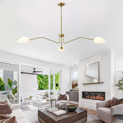 3 Lights Gold Chandeliers, Mid Century Modern 3 Arm Chandelier With White Glass Shade For Dining Room Living Room Bedroom