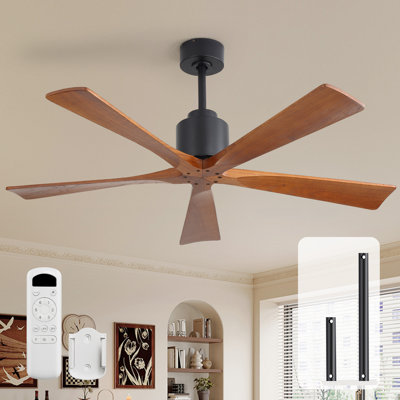 Whisper 52" 5-Blade Solid Wood Modern Ceiling Fan without Light, Indoor/Outdoor, Remote, Black&Brown, Flush/Downrod