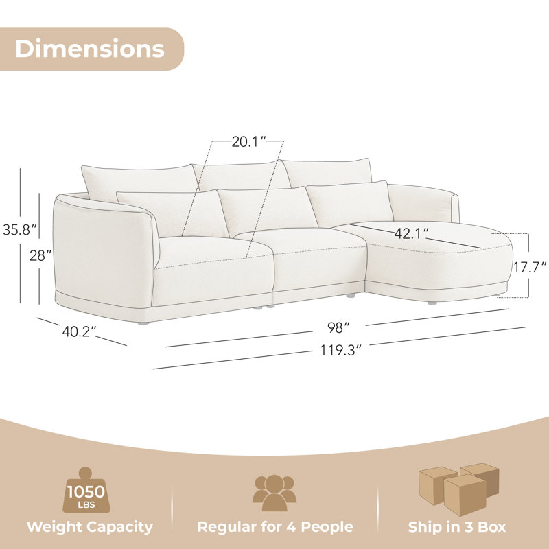 Canapé modulaire incurvé en chenille de 119 po avec méridienne, Polyester de lin, Orienté à gauche (vu de face)