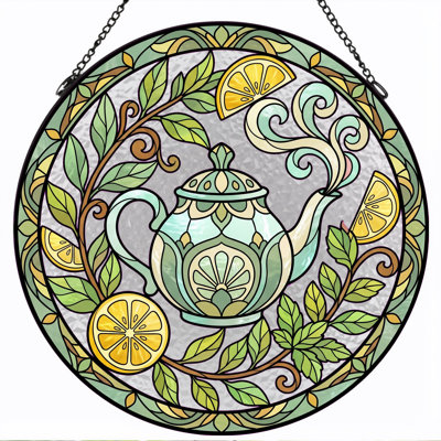 Teapot Lemon Stained Glass Window Panel，12"H