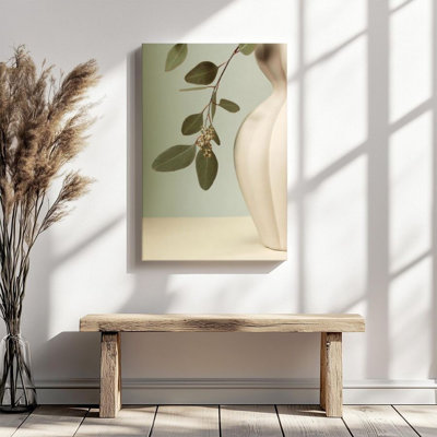 1Pc Framed Canvas Poster Print Eucalyptus branches and leaves, ceramic vase, minimalist still life style Wall Art Decor, Perfect for Room Decor Living Room Bedroom Office Kitchen Bathroom Home Decor, Ideal Home Wall Decoration Gift