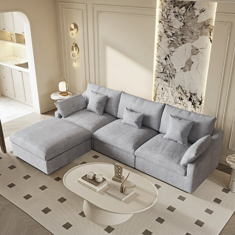 Slipcovered Upholstered Modular Sofa With Ottoman, 29.53" H x 119.29" W x 77.95" D, Gray