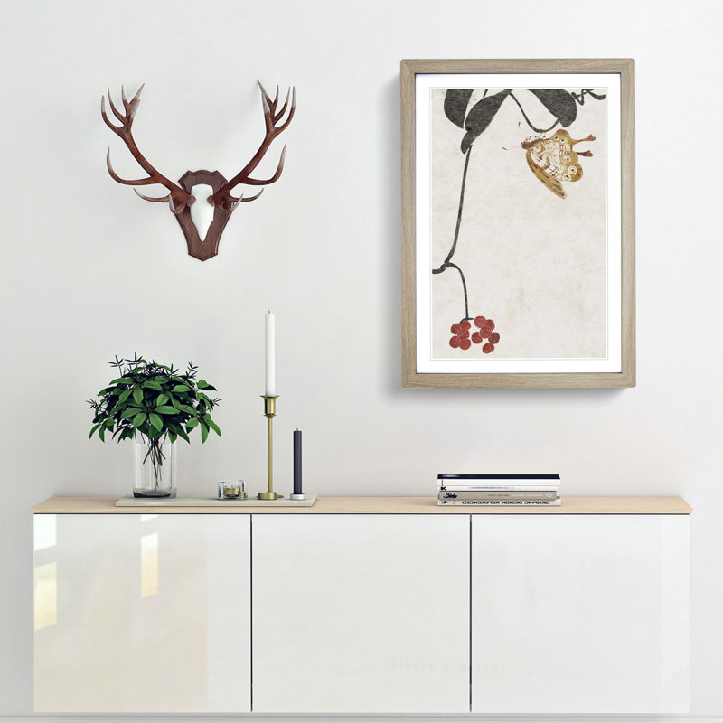 Red Berry Plant & Butterfly by Shibata Zeshin - Picture Frame Painting Print, Oak Framed, 48cm H x 36cm W x 2cm D