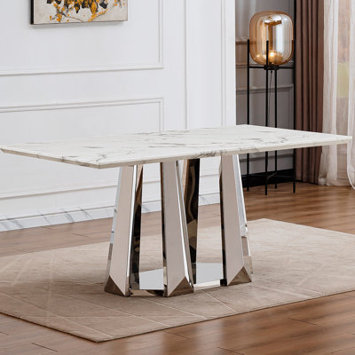 Marble Dining Table For 6 People, 70'' Rectangle Faux Marble Dining Table With Mirrored Finish Stainless Steel Base, Modern Large Size Marble Kitchen Table (Silver,White)(Only Table)