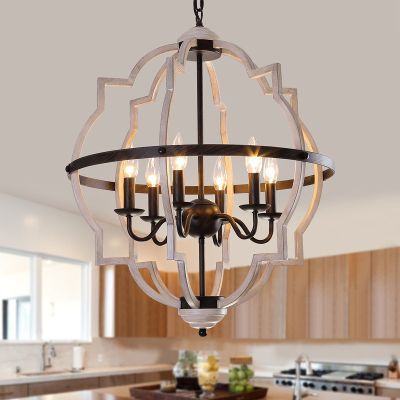 Mcgaughey 6 - Light Farmhouse Geometric Orb Chandelier for Dining Room,Kitchen Island,OAK White Color