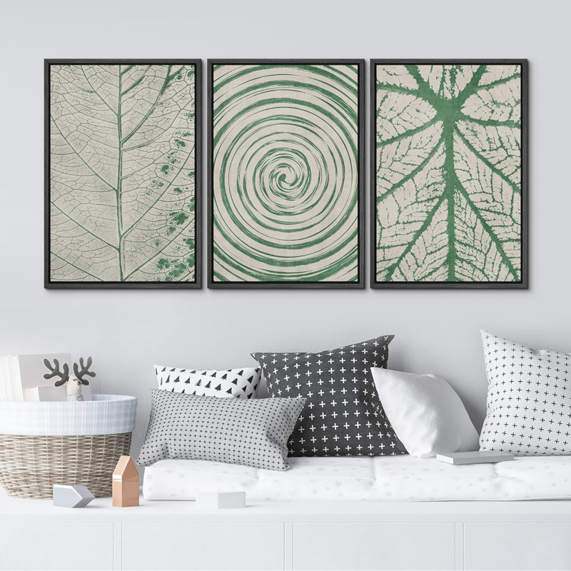 Abstrait botanique vert, feuilles blanches, 3 pièces, H 24 po x l 16 po x P 1,5 po, Noir