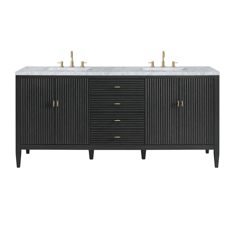 Myrrin 72 in. Handmade Double Vanity, Carbon Oak, Carrara White, 8" Widespread