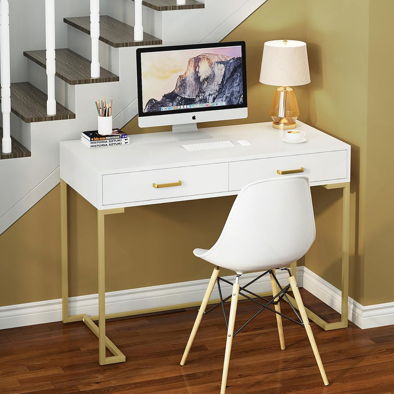40” White And Gold Computer Desk With 2 Drawers, Modern Home Office Desk, Compact Writing Table, Vanity Desk For Small Spaces, Metal Frame, Minimalist Style