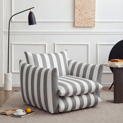 40" W Oversized Striped Accent Chair, Modern Coastal Armchair with Plinth Base and Reversible Cushions, Lounge Chair and a Half for Living Room