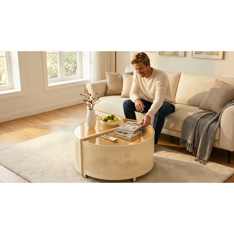 Modern Rotating Coffee Table with Tempered Glass top tabletop and Storage, Spinning Round Accent Table with Dual Layer Design for Living Room, Bedroom