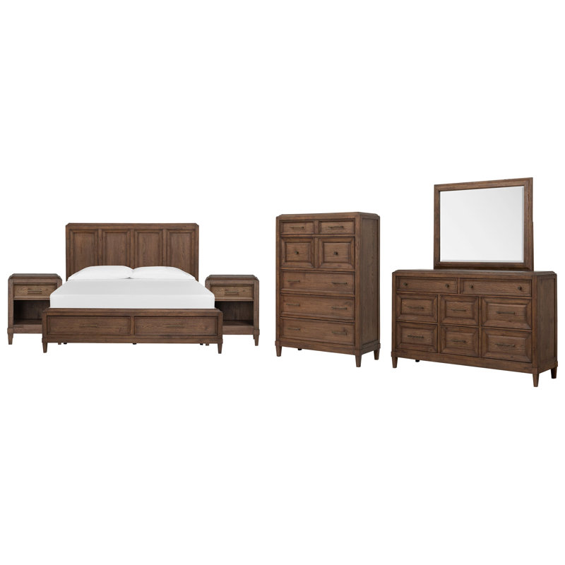 Lit Queen avec rangement, 2 tables de chevet ouvertes, commode avec miroir carré et commode à tiroirs, Grand lit