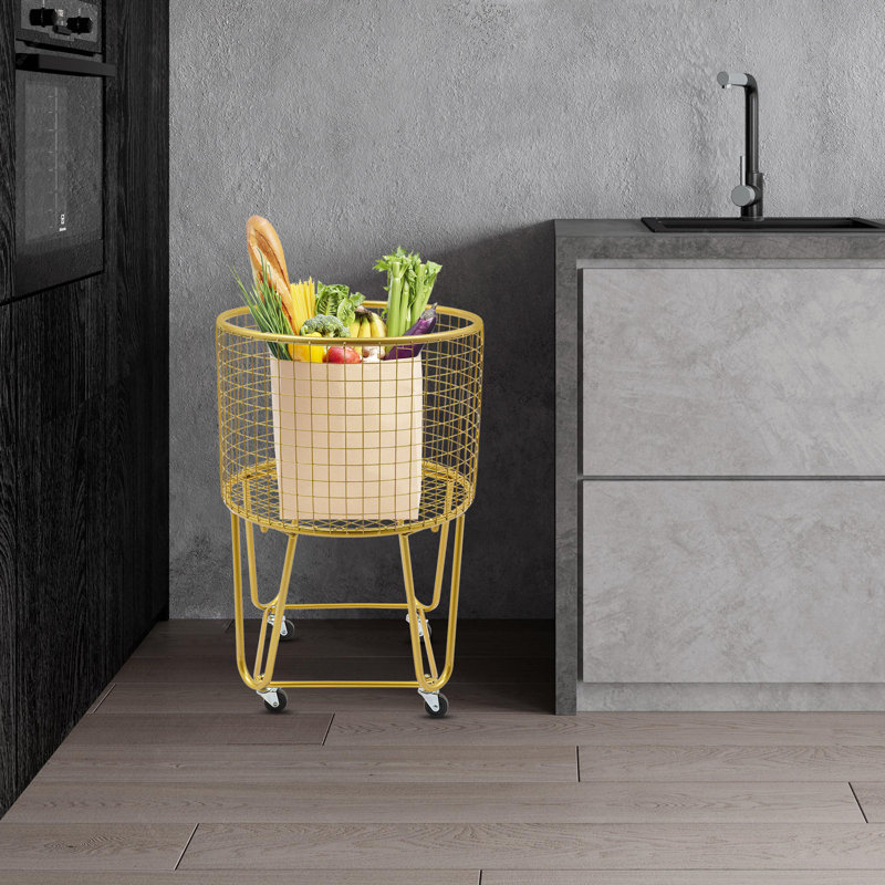 Metal Mesh Laundry Storage Cart, Laundry Basket With Wheels, Gold