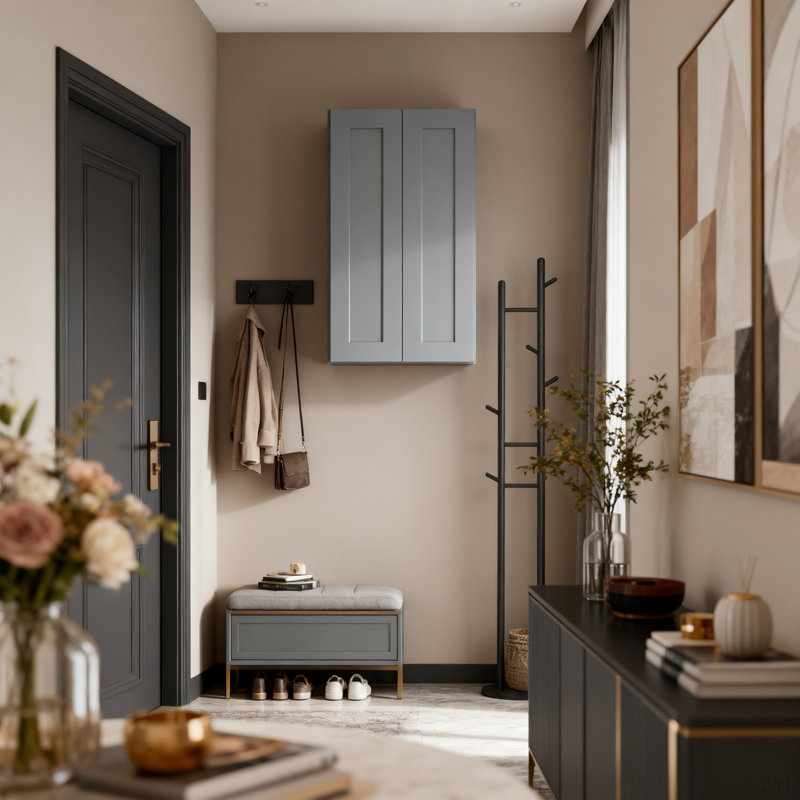 Porte d'armoire murale en bois massif gris foncé et étagère pour le rangement dans la cuisine, le rangement dans la salle de bain, la buanderie et les tablettes réglables prêtes à assembler