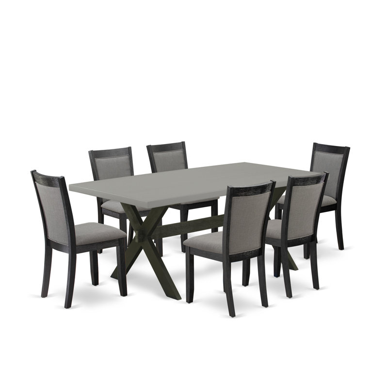 Ensemble de table de salle à manger 7 pièces comprenant une table de cuisine rectangulaire avec pieds en X et 6 chaises rembourrées en tissu gris foncé Gotham, noir brossé