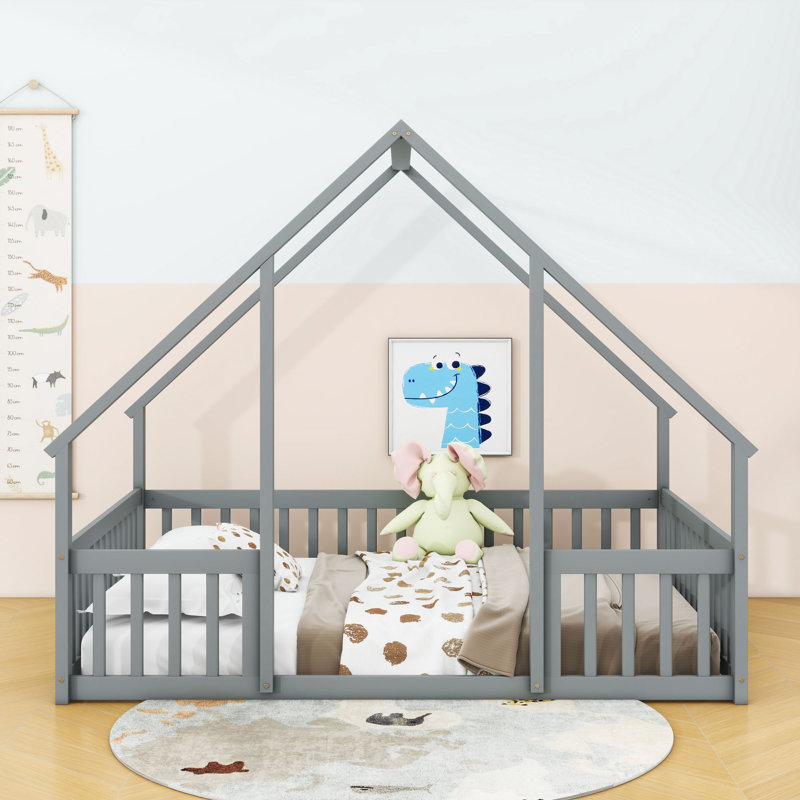 Wood House-Shaped Floor Bed With Guardrails, Gray, Full