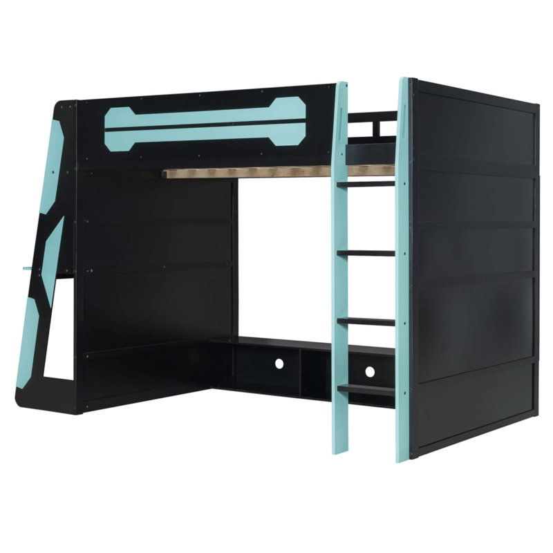 Lit mezzanine double en bois avec bureau