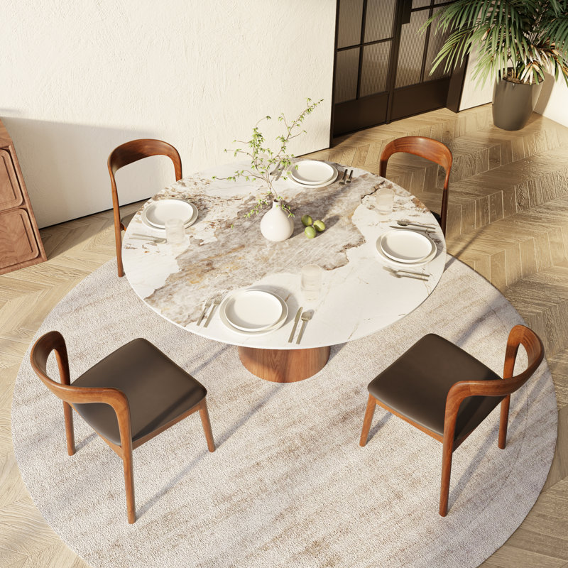5Pcs Kitchen Dining Table Set Farmhouse Round Pedestal (1 Table 4 Upholstered Chairs), Brown, 29.52" H x 47.24" L x 47.24" W