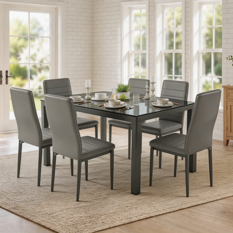 Nadeane 7 - Piece Dining Set with Faux Leather Upholstered Dining Chairs, Gray, Gray