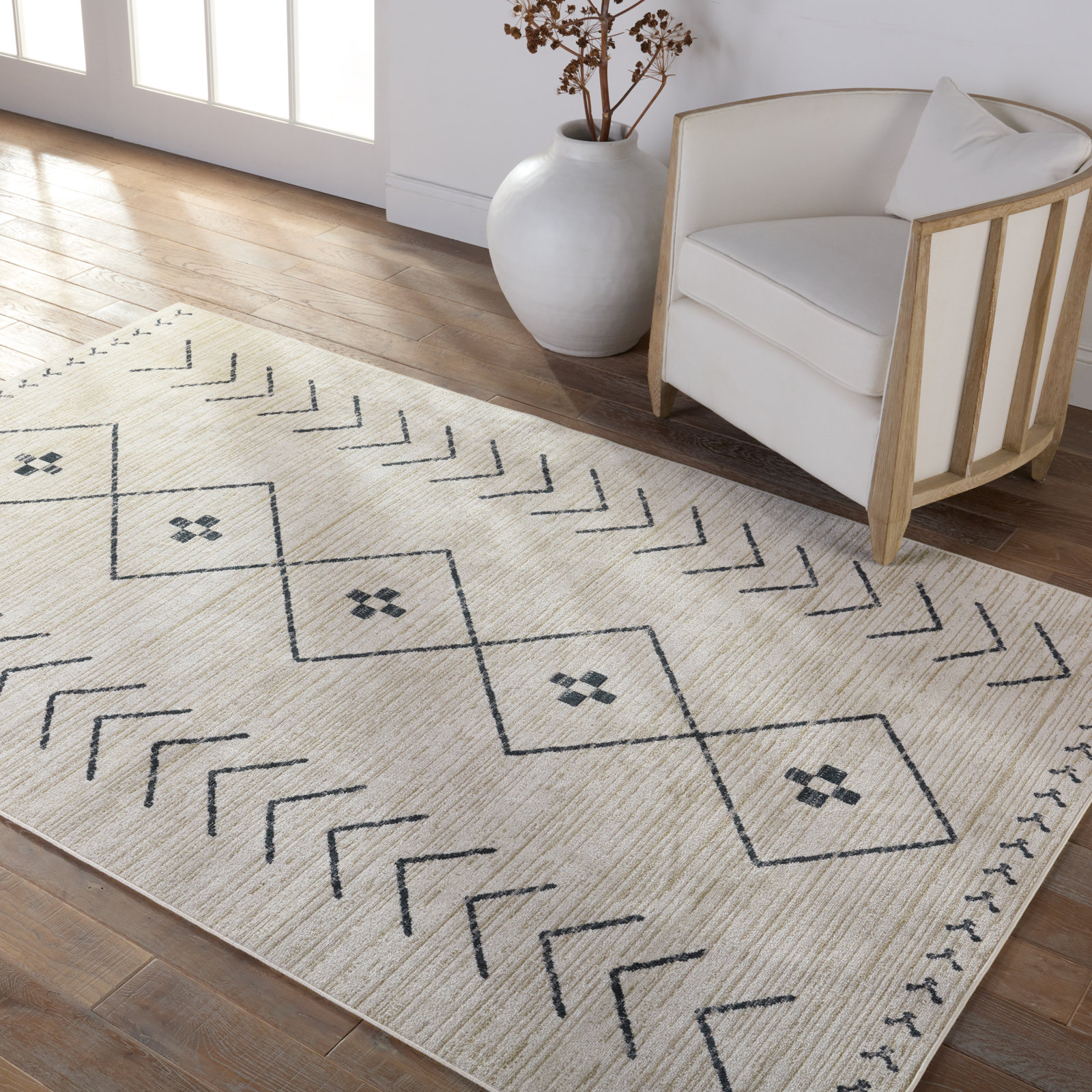 Phoebe Cream Dark Slate Machine Washable Rug, Rectangle 2' x 3'