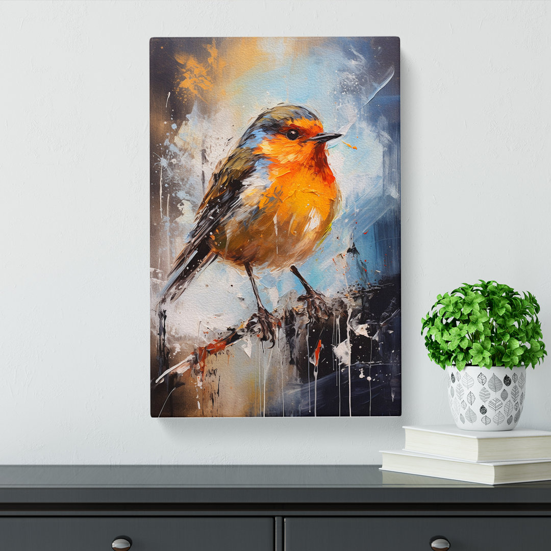 Robin Bird Action Painting - Wrapped Canvas