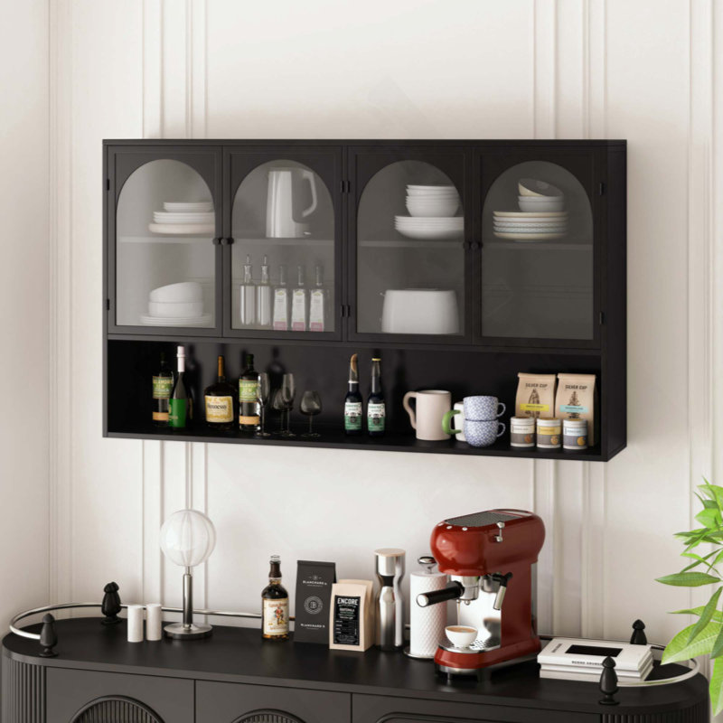 Four-Door Glass Wall Cabinet Storage, Wall-Mounted,Suitable For Kitchen, Living Room, Bathroom, Black