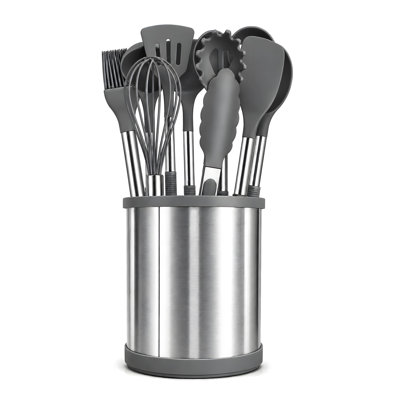 Ensemble de 12 ustensiles de cuisine en silicone résistant à la chaleur avec support pivotant à 360° en acier inoxydable gris
