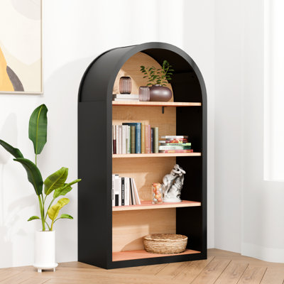 Black Arched 4 Storage Shelf, 43" Height, Stylish Appearance, Stable , Suitable For Various Spaces Bookshelf, Tall With Shelves, Design, Tipping Kits, Versatile Study, Office, Or Living Room
