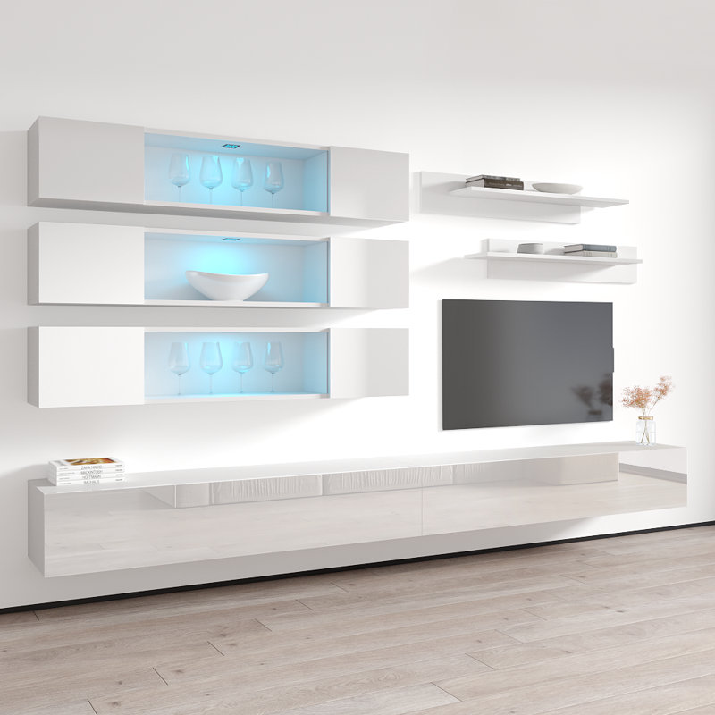 Nason 126" Modern Floating Wall Mounted Entertainment Center with 16-Color LED Lighting, High Gloss Finish, White