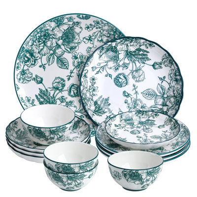 12-Piece Floral Porcelain Dinnerware Set, Service For 4, Green Pattern Plates And Bowls, Microwave And Dishwasher Safe