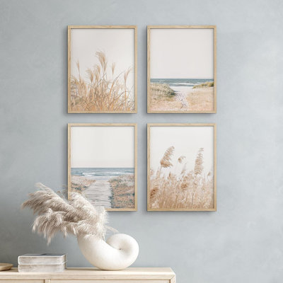 " SIGNLEADER Framed Pampas Grass Beach Ocean Shore Horizon Wall Art, Set Of 4 Landscape Colourful Wall Decor Prints, Nature Wilderness Wall Decor For Living Room, Bedroom " 4 - Pieces