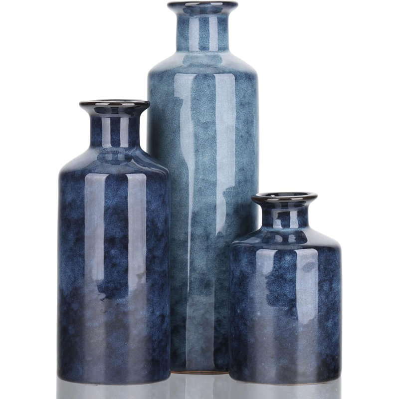 Set Of 3 Blue Ceramic Vases 